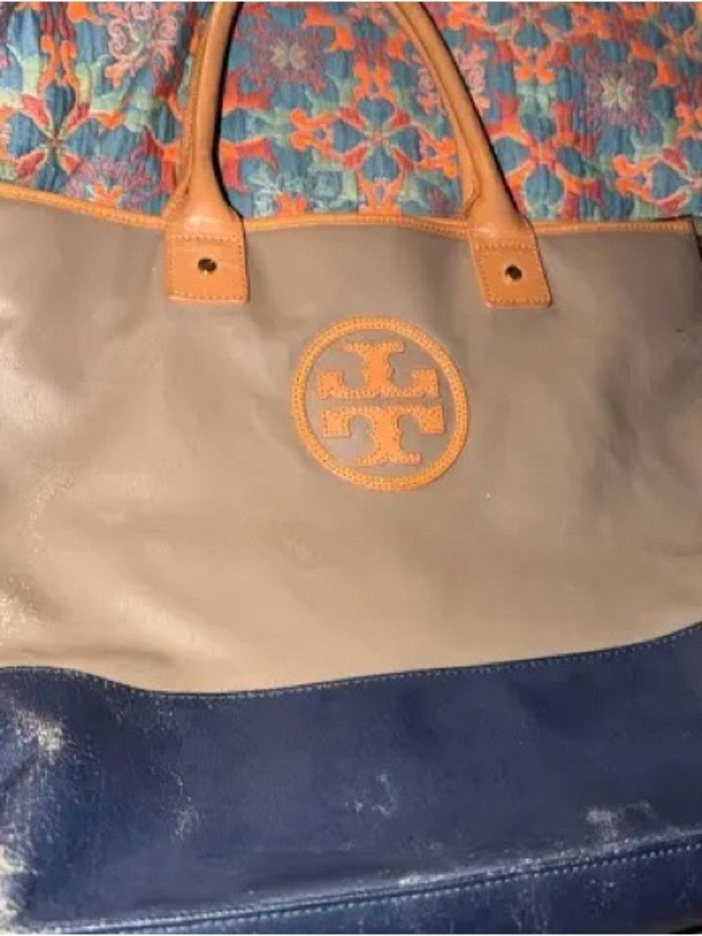 Tory Burch Ella Tote Bag Nylon & Leather corner wear, easily fixable